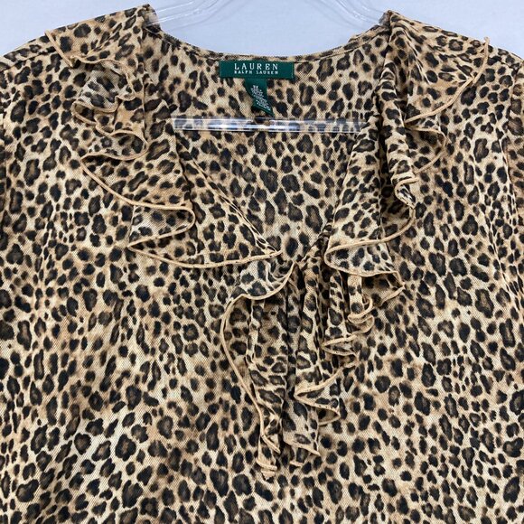 Lauren Ralph Lauren size 3X Leopard Print Ruffle Mesh Stretch Short Sleeve Top - Picture 3 of 10
